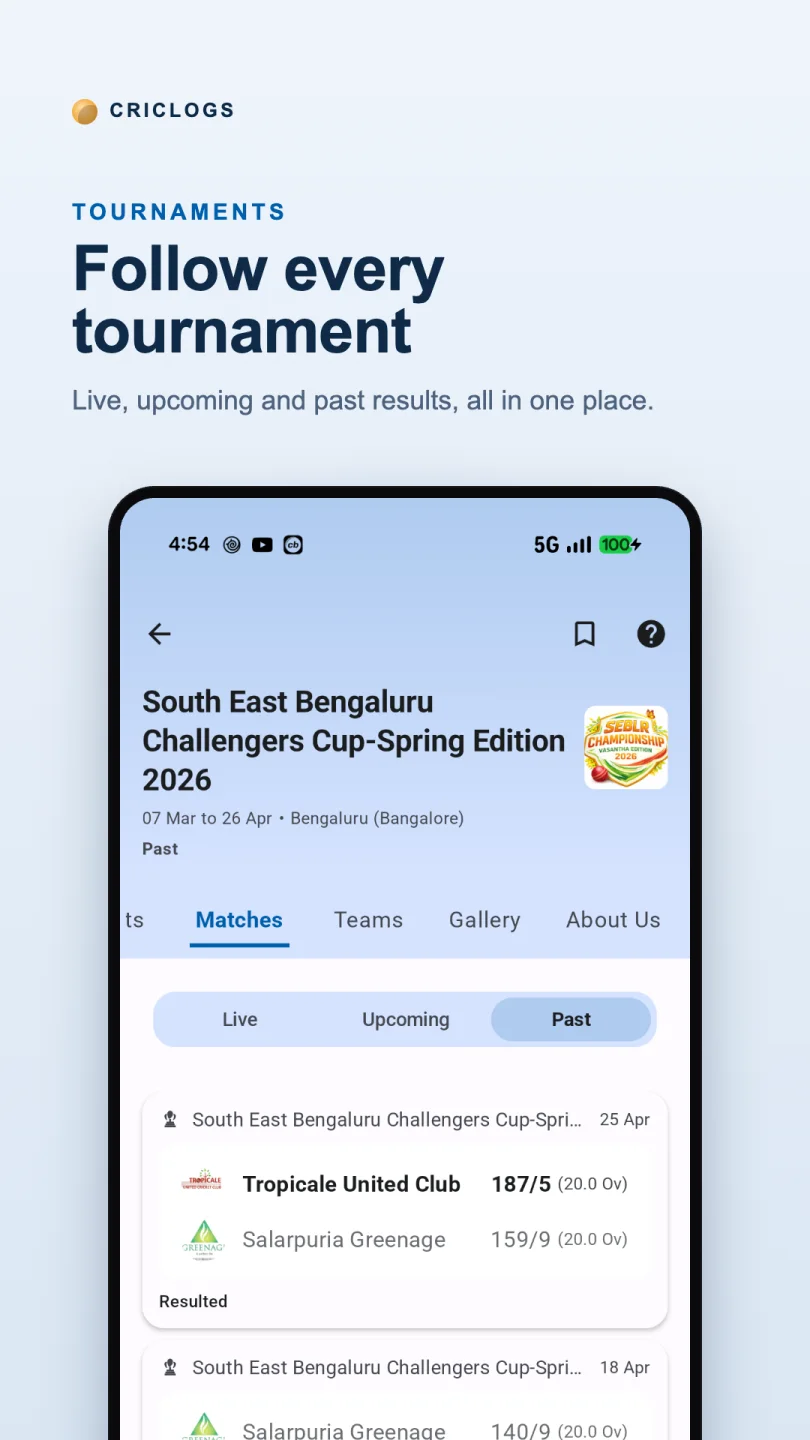 CricLogs local cricket tournament page with match results
