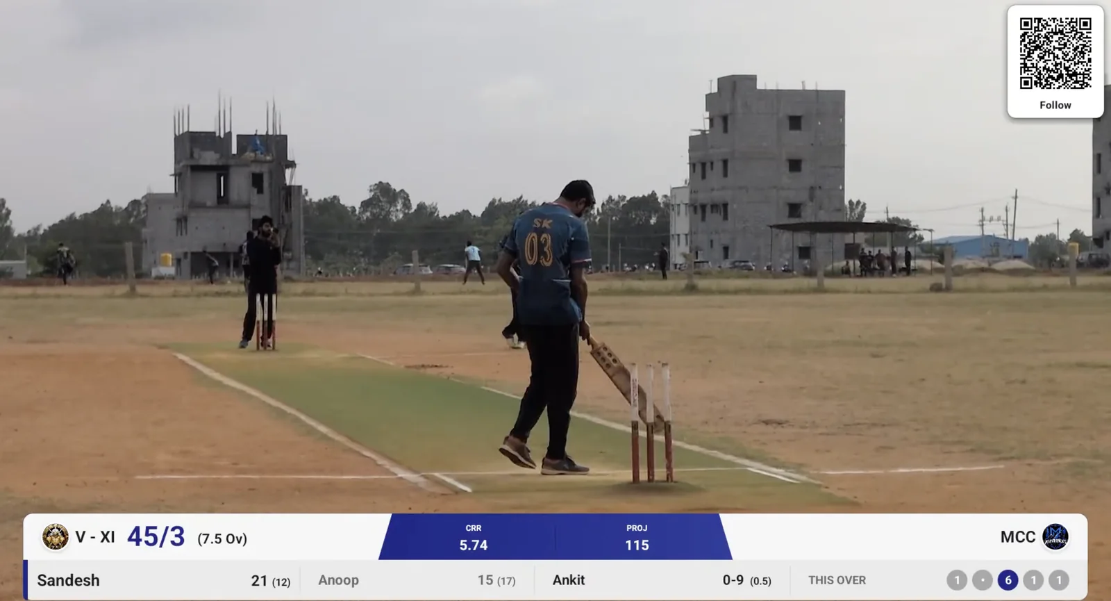 The YouTube broadcast as viewers see it: a wide frame from behind the wicketkeeper showing the full pitch, striker and bowler, with the CricLogs live score overlay along the bottom showing 45 for 3 off 7.5 overs, current run rate, projected score and the current over