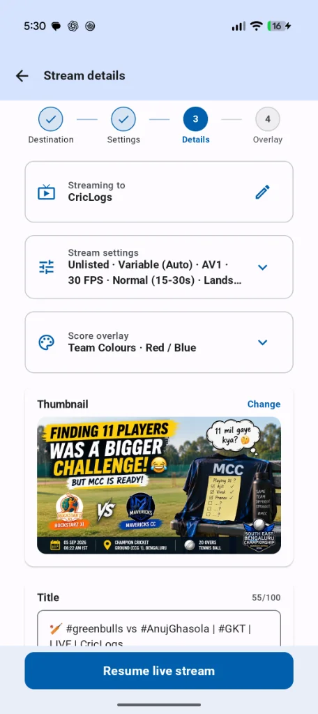 CricLogs stream details screen showing AV1 codec, 30 FPS, variable auto bitrate, unlisted visibility, title with hashtags, and custom thumbnail