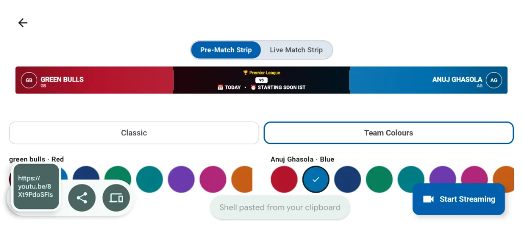 CricLogs team colours score overlay selector showing Pre-Match Strip with Green Bulls in red and Anuj Ghasola in blue with 10 selectable color swatches each