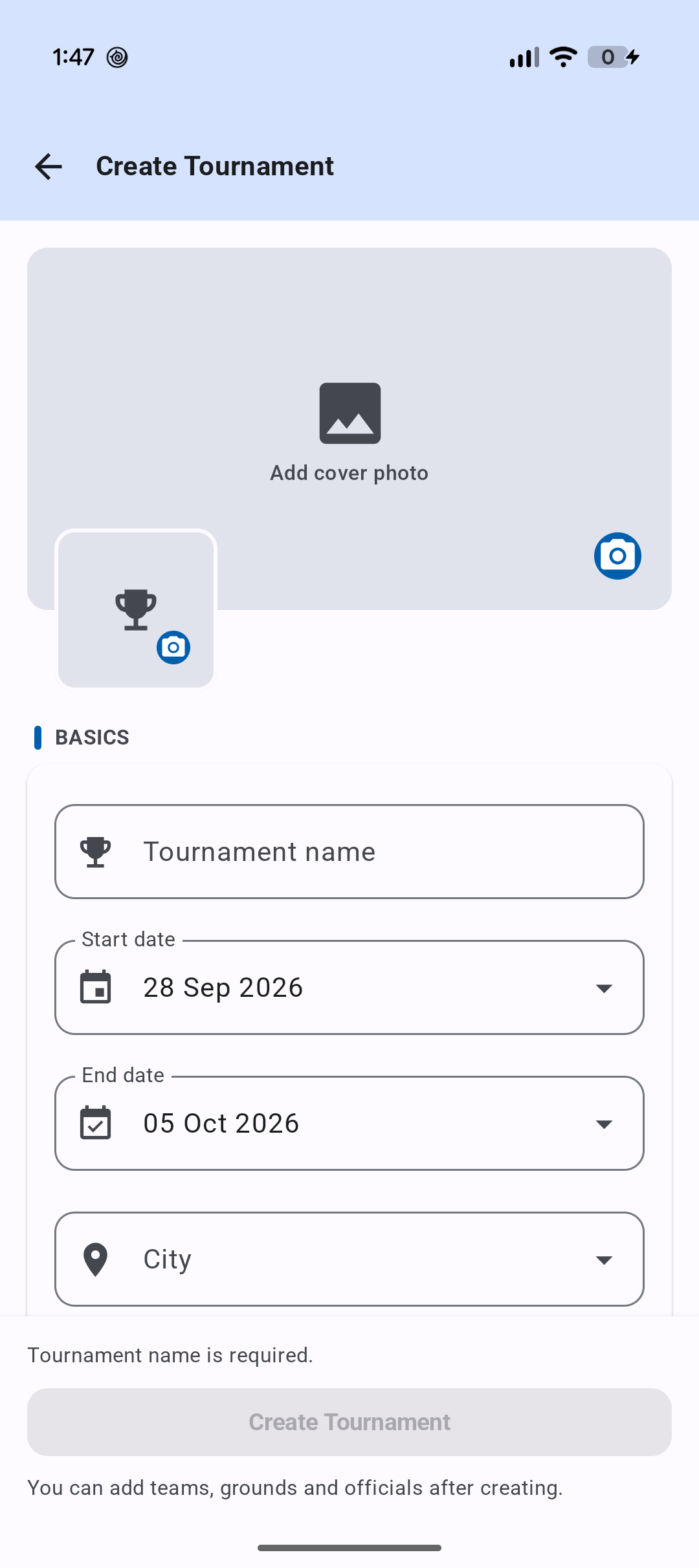 CricLogs Create Tournament form with fields for tournament name, dates and city