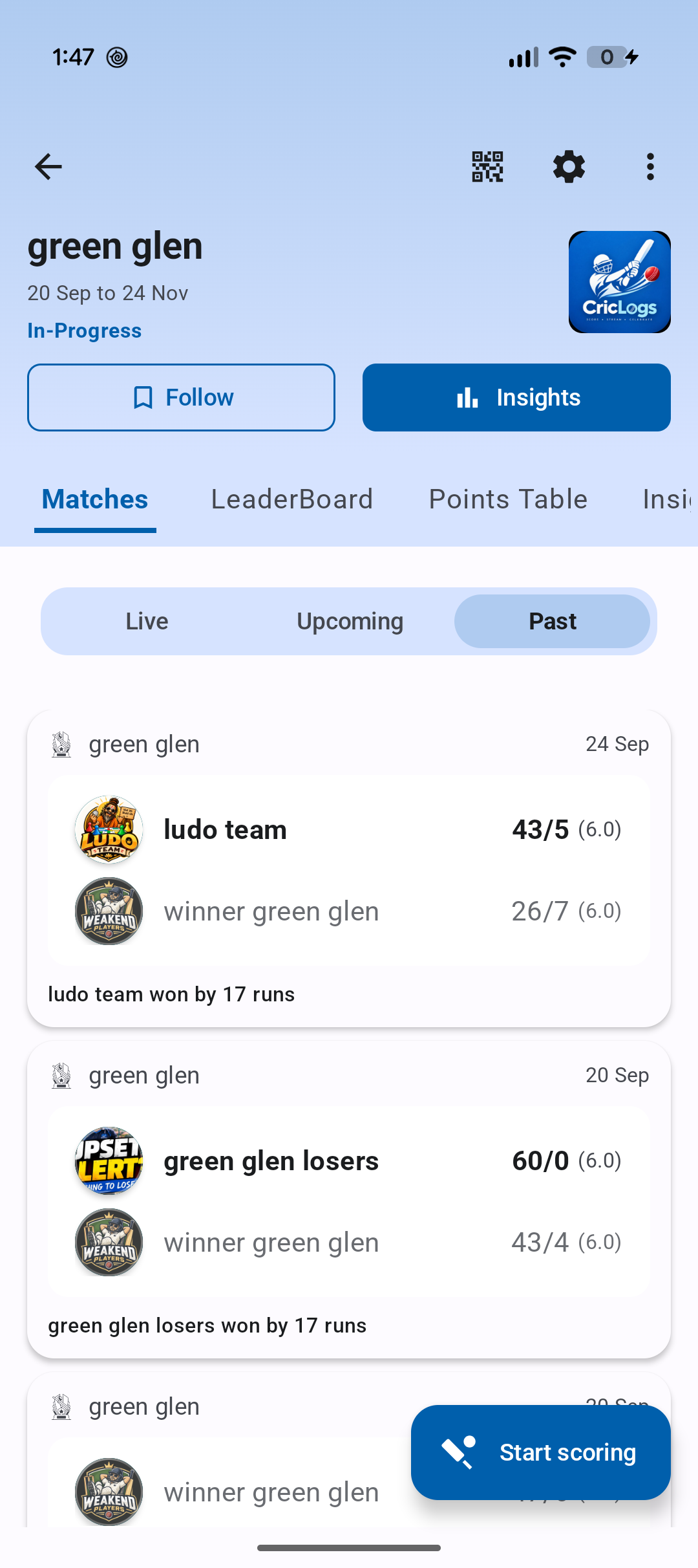 CricLogs tournament matches tab showing completed local cricket match scorecards and results